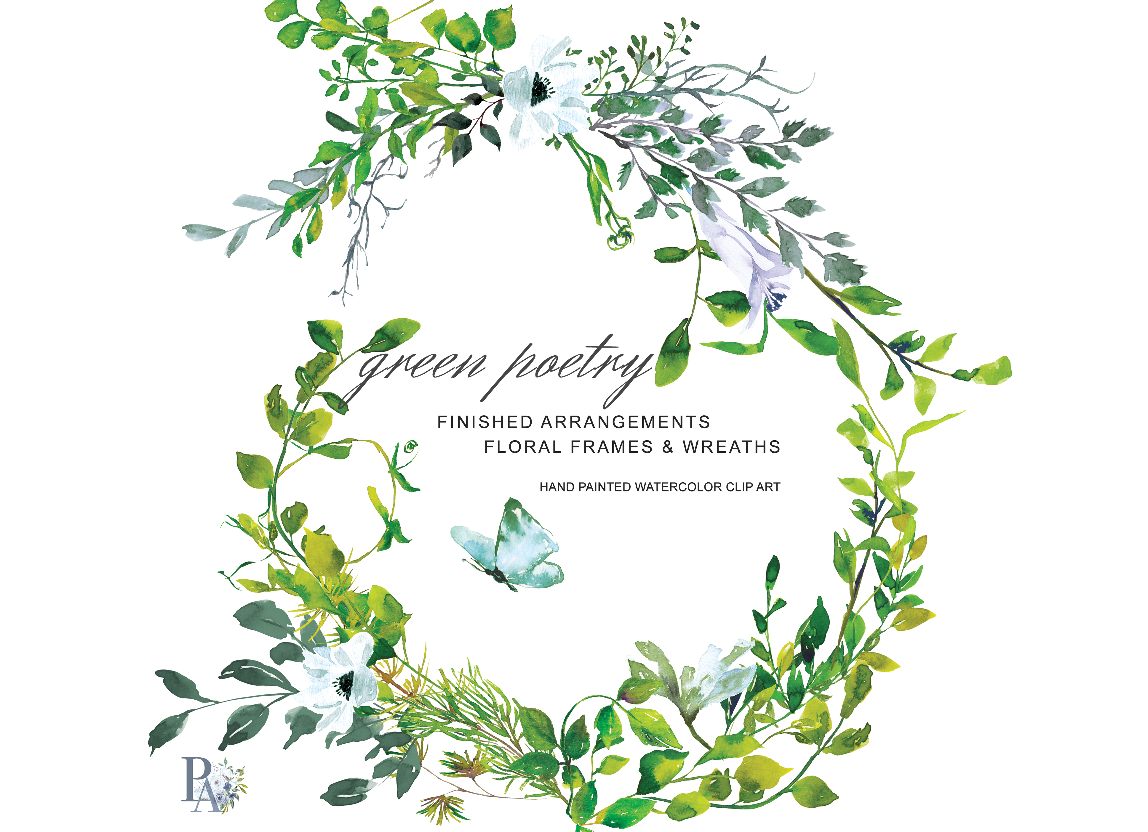 Hand Painted Watercolor Greenery Clipar Design Bundles