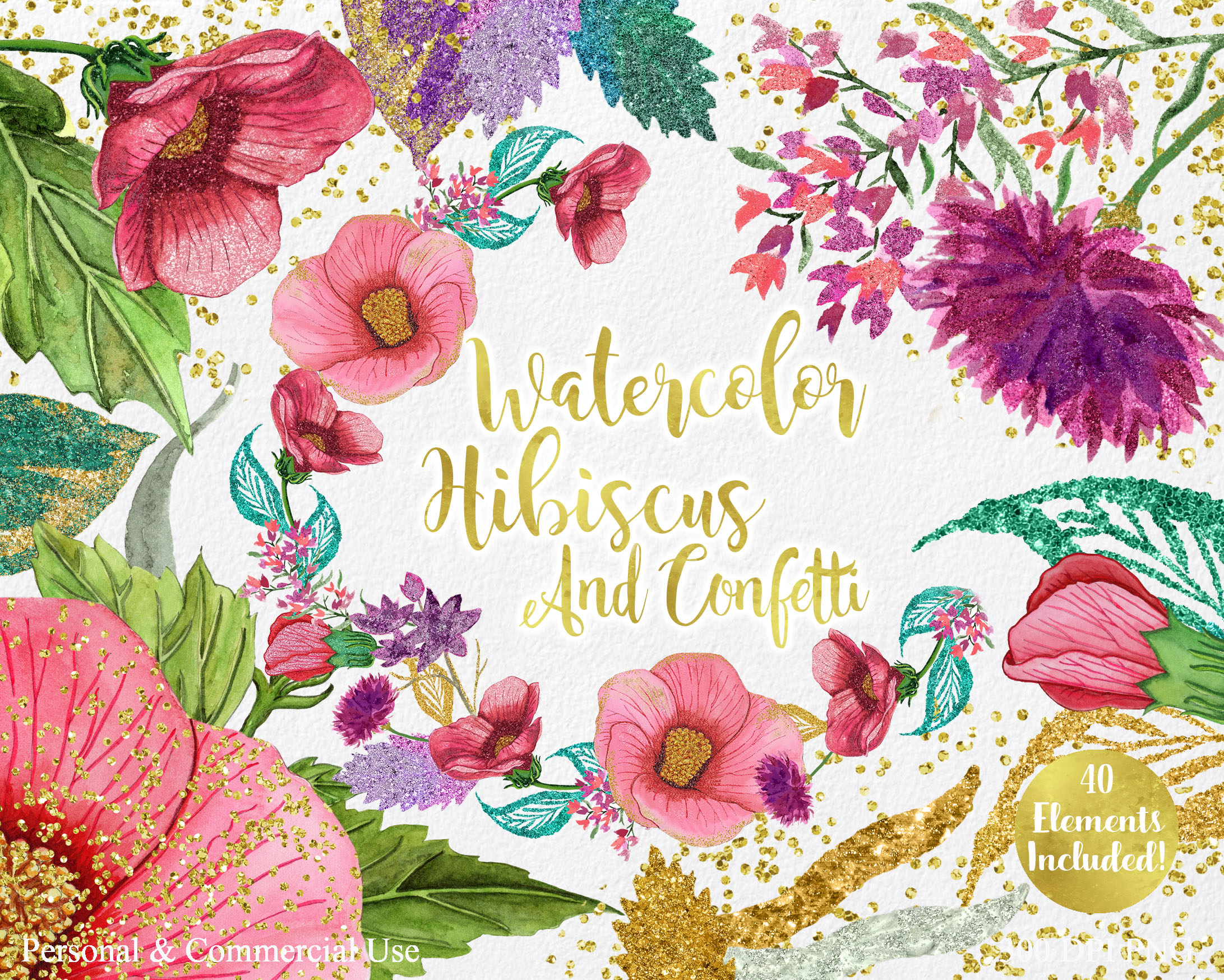 Download TROPICAL HIBISCUS Watercolor Floral Cli | Design Bundles