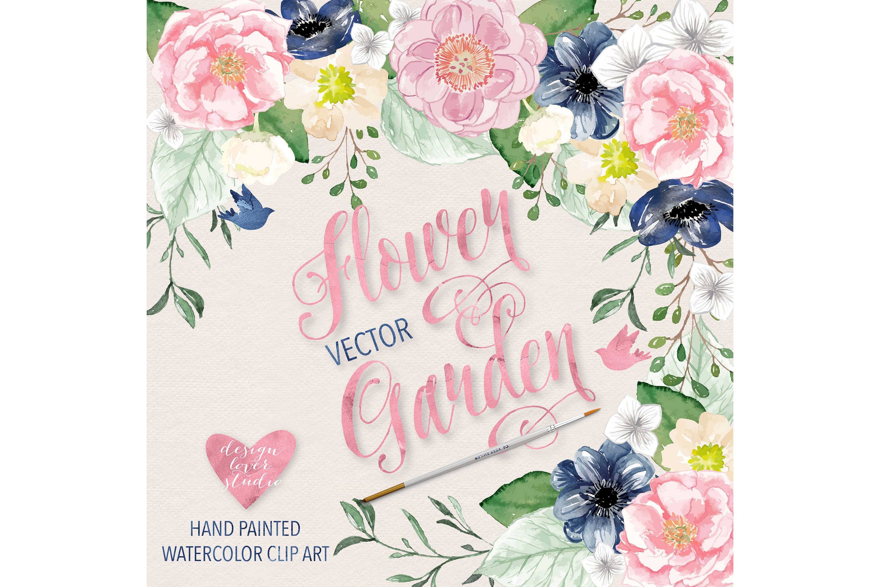 Download Vector Watercolor Navy blue and Pink Fl | Design Bundles