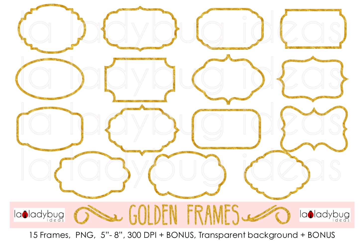 Golden frames. Clip art. Foil gold fram Design Bundles