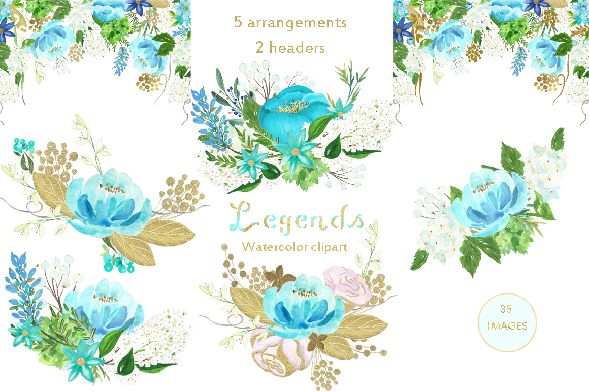 Download Gold and blue. Watercolor flowers. by L | Design Bundles