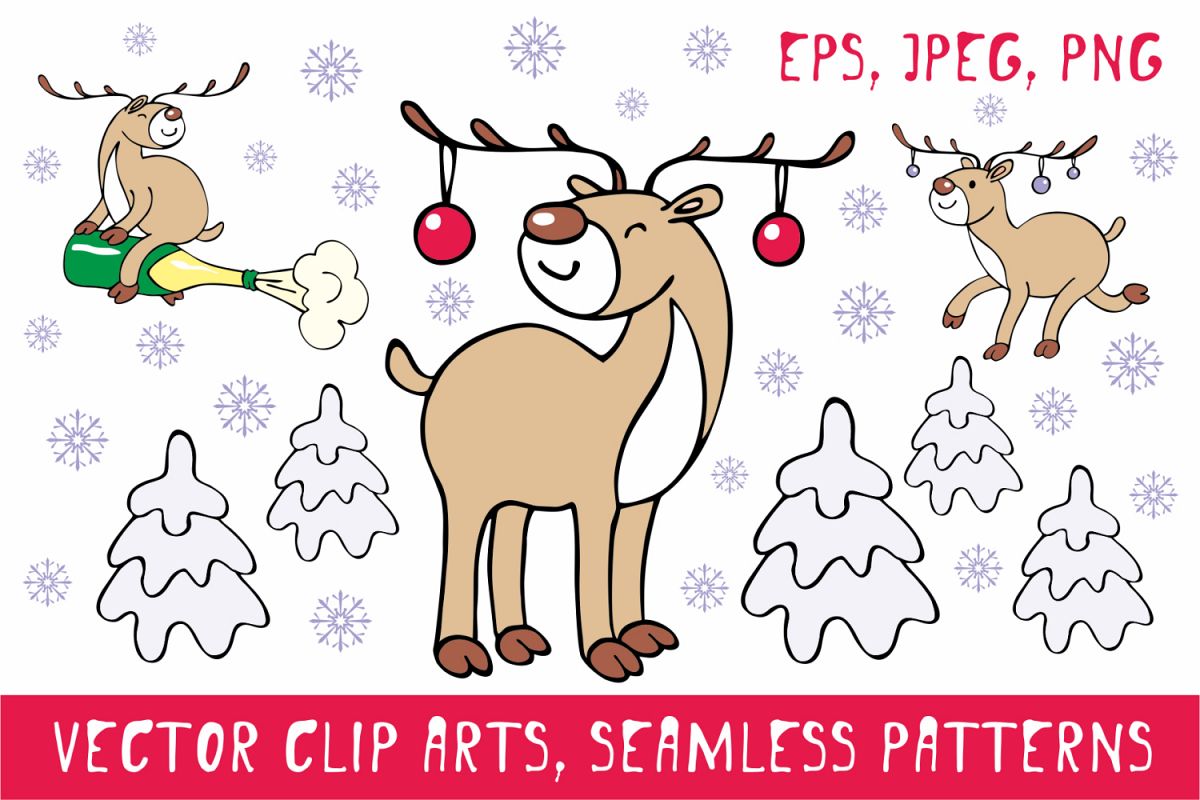Funny deer. Christmas clip arts and seamless patterns example image