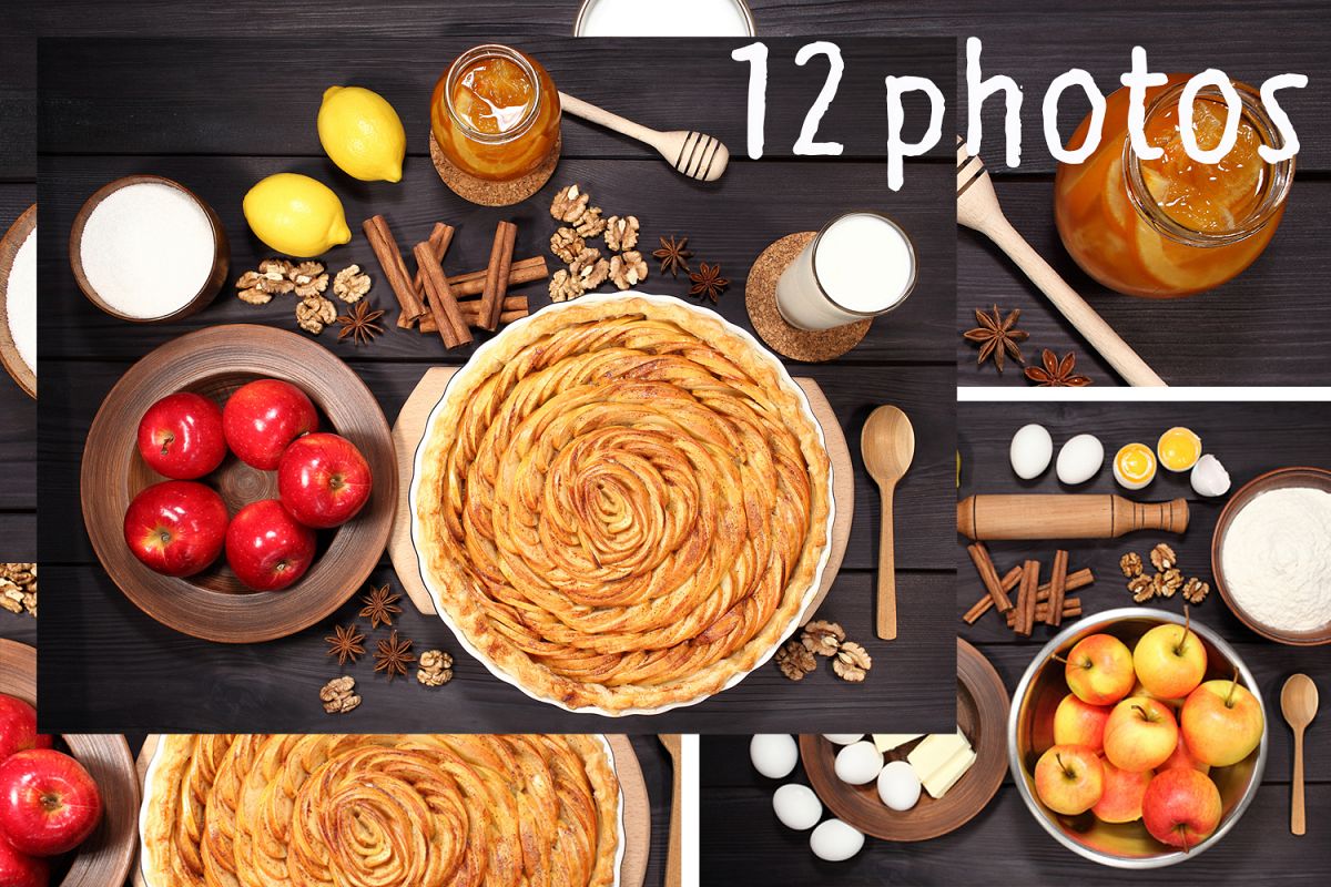 Set 12 photos Apple Pie and raw ingredients for baking. Sweet food series. Dessert. Top view example image