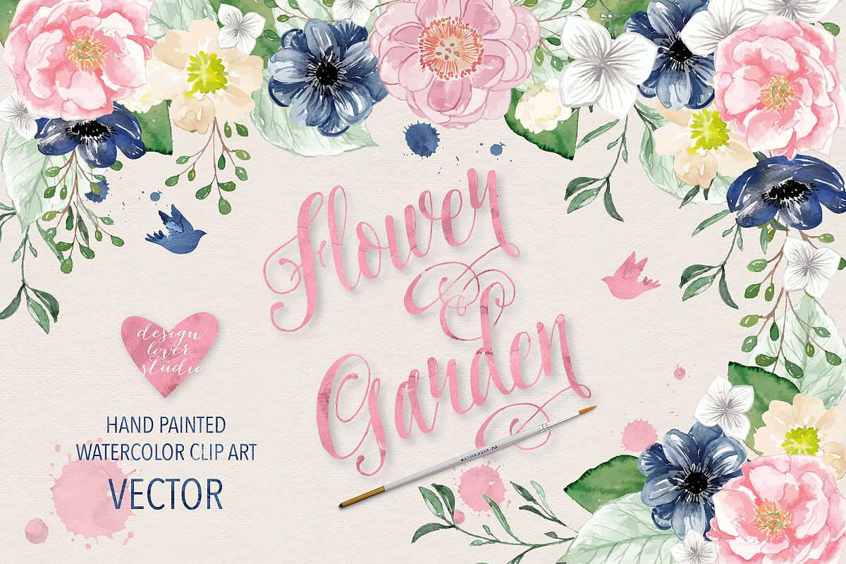 Vector Watercolor Navy blue and Pink Flower Garden clipart example image