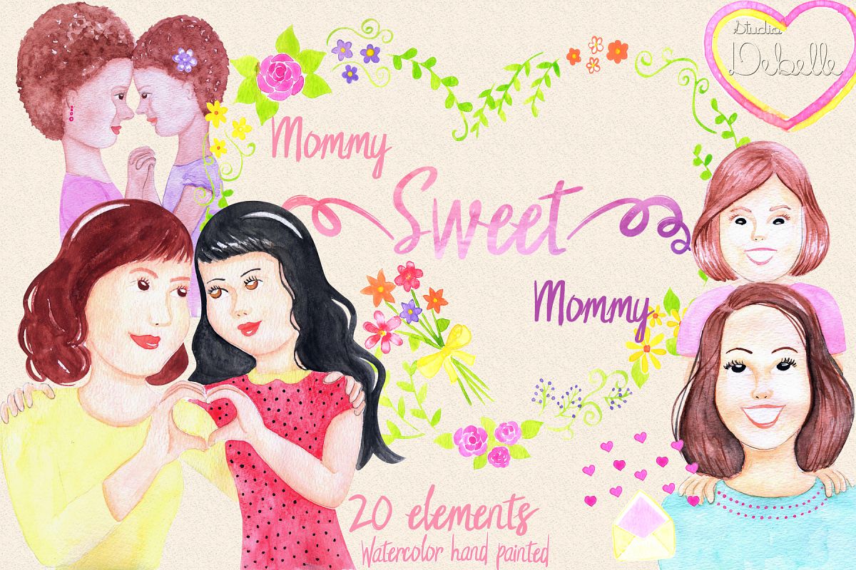 MOMMY SWEET MOMMY - watercolor handmade clipart collection - 20 elements example image