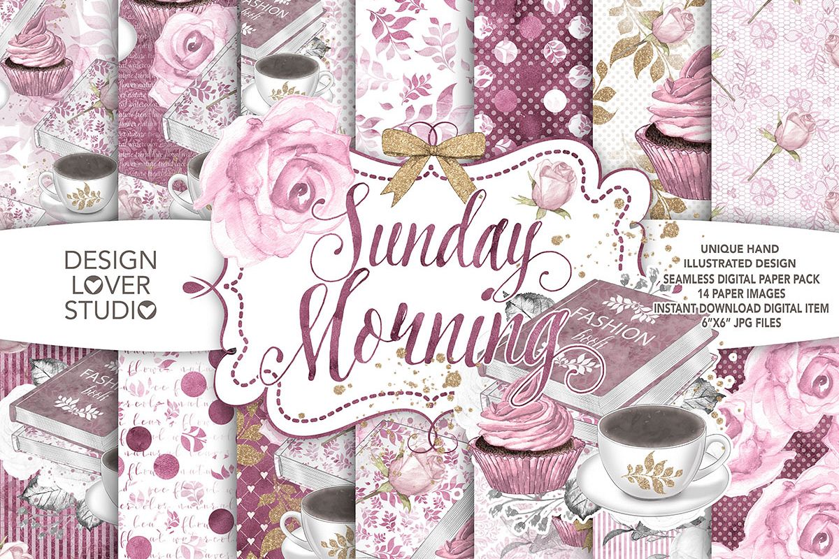 Watercolor Sunday Morning digital paper pack example image