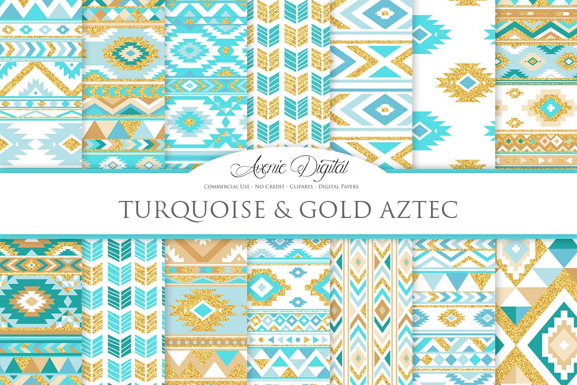 Turquoise and Gold Glitter Boho Seamless Patterns example image
