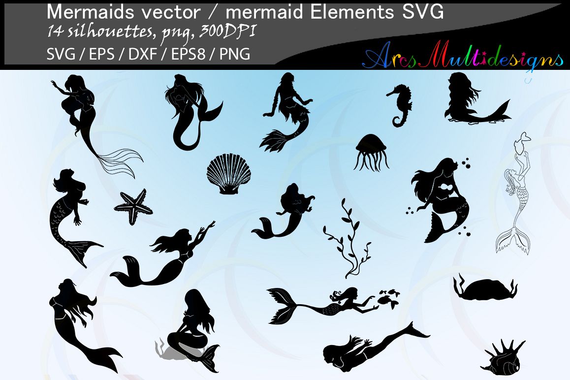 Mermaid silhouette / water girls / High Quality / beauty girl silhouette / mermaid vector / mermaid vector / EPS / PNG / SVG / DXf / mermaid elements example image