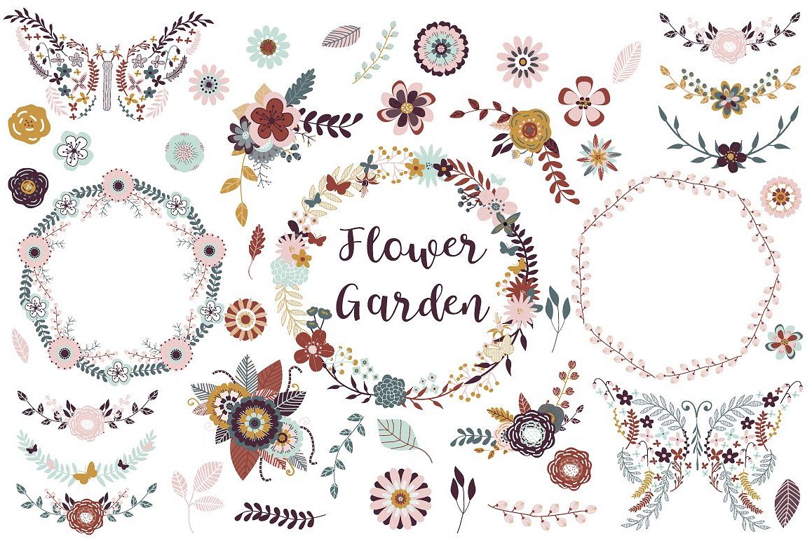 Butterfly, Flowers & Wreath Clipart Vector example image