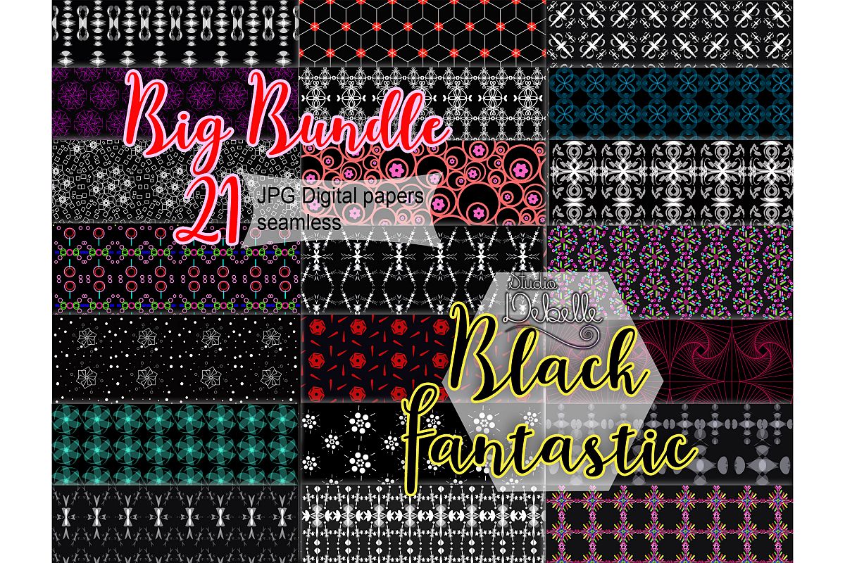 Big Bundle Black Fantastic - digital papers seamless patterns example image