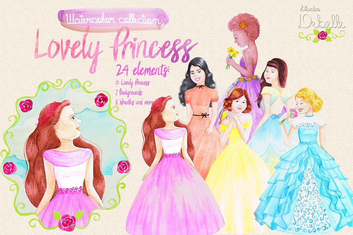 Lovely Princess - watercolor clipart example image