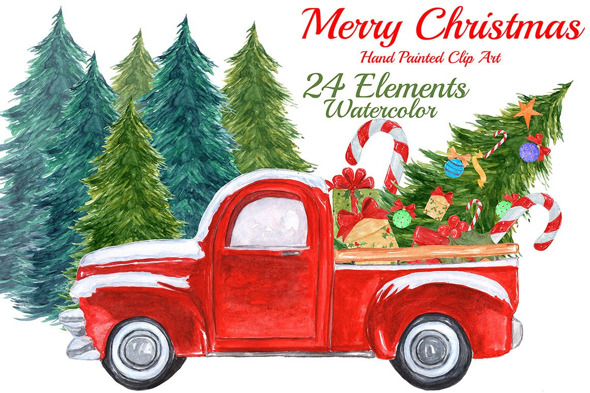 Watercolor Christmas truck clipart example image