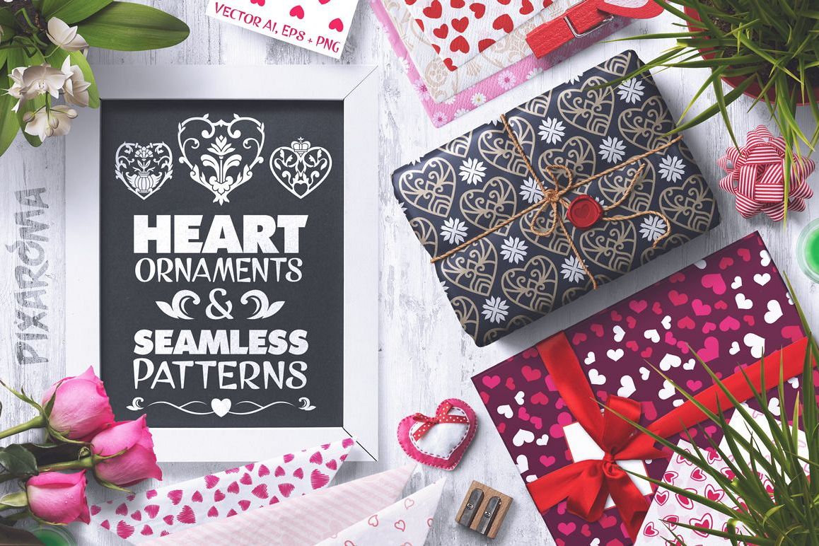 100 Heart Vector Ornaments and Seamless Patterns example image