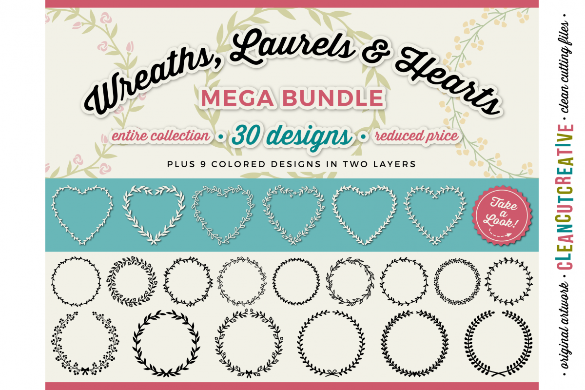 FLORAL MEGA BUNDLE 30 wreaths, laurels and hearts leaf frames - SVG DXF EPS PNG - for Cricut and Silhouette Cameo - clean cutting digital files example image