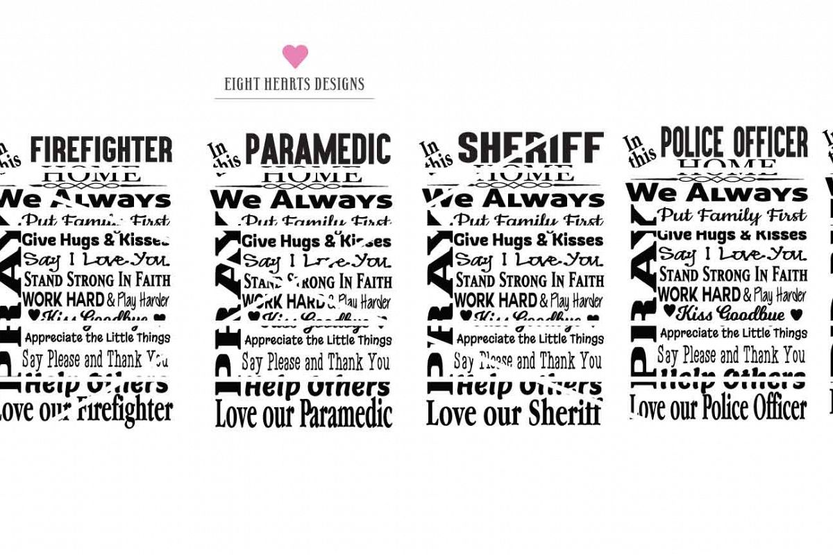 In This Home Pray Pledge - 6-Design-Pack Honoring Fire, Police, EMS and Medical personnel. Plaque, Wall Art, Plate or Digital Print example image