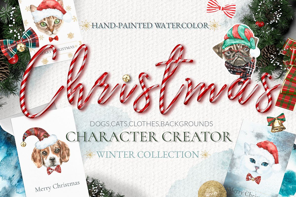 Christmas Animal Creator.Watercolor Dogs & Cats example image