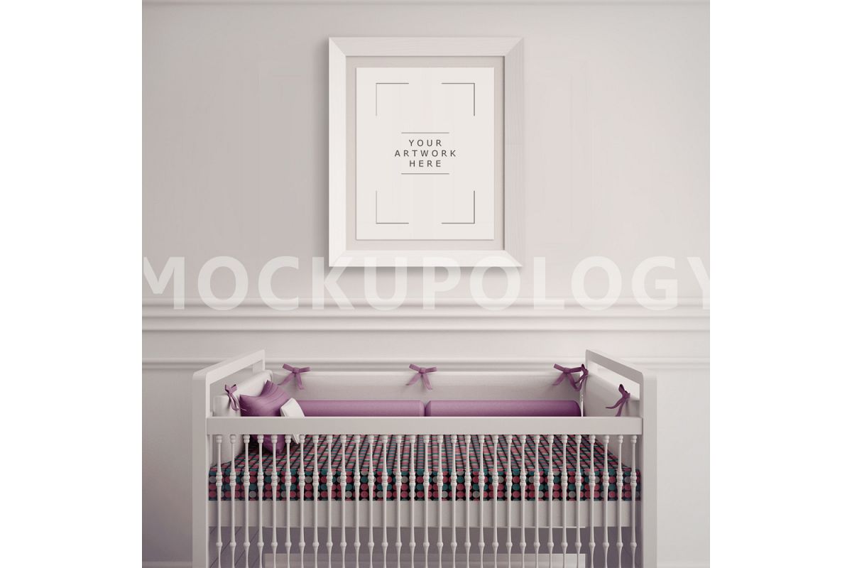 8x10 White Frame Nursery Interior Mockup, Baby Cradle Styled Photography Poster Mockup, Plain Wall Background, INSTANT DOWNLOAD example image