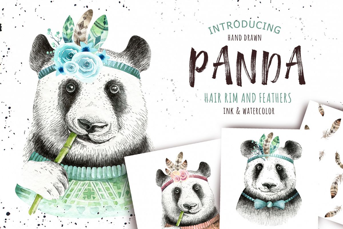 Watercolor panda illustration. Bohemian cute animals. example image