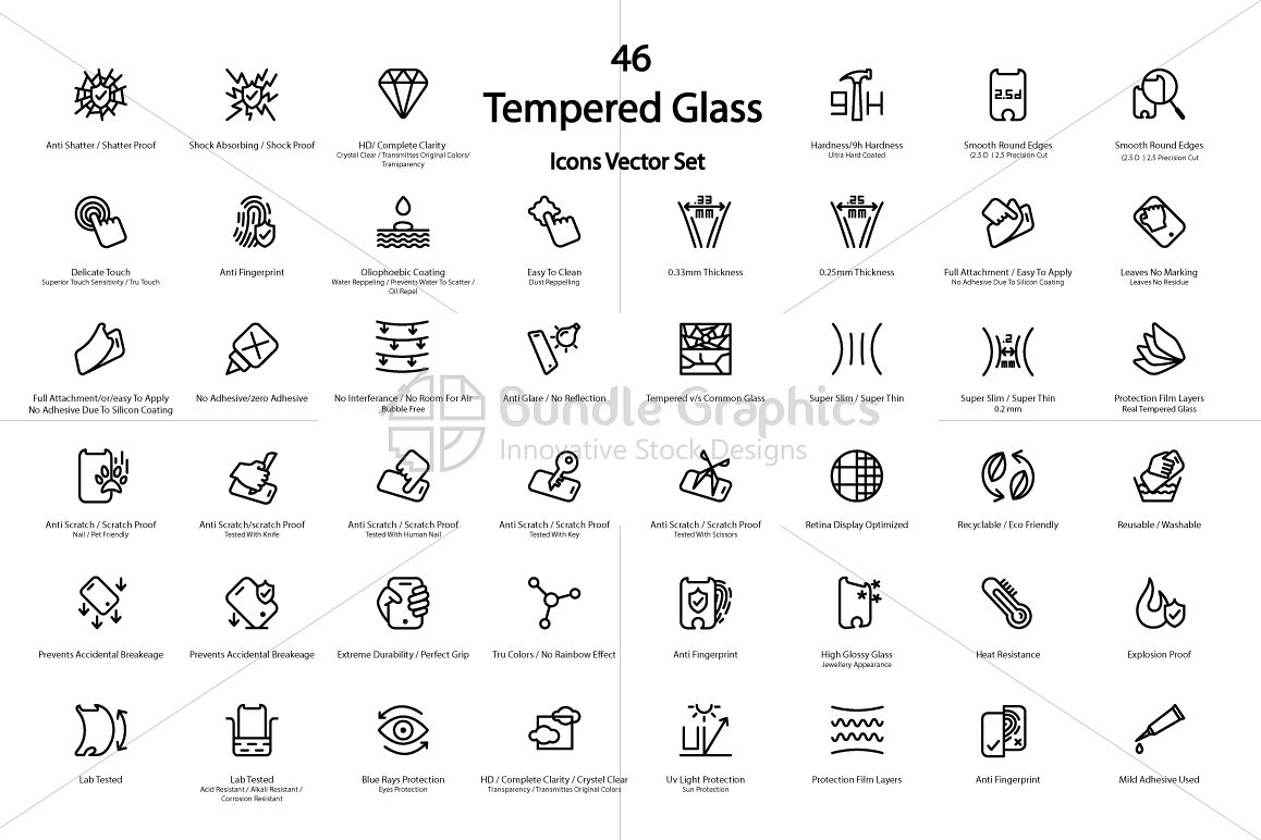 Mobile Tempered Glass Features Icons Set example image