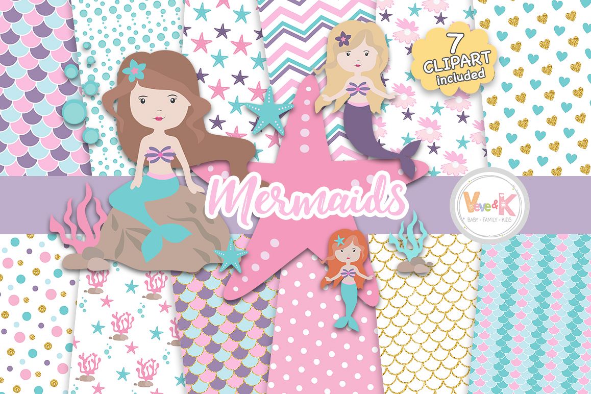 Download Mermaids Clipart and Papers Pack, Merma | Design Bundles