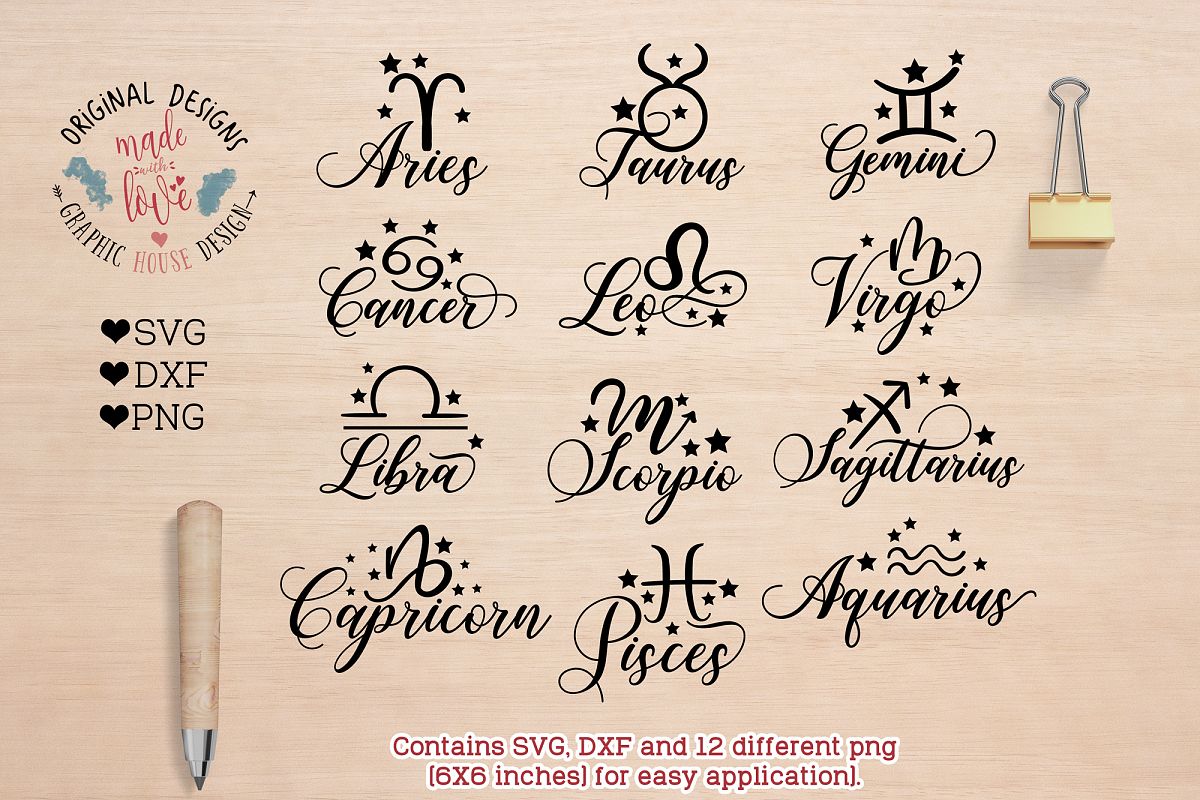 Zodiac Signs Cut Files and Clipart (SVG, DXF, PNG) example image
