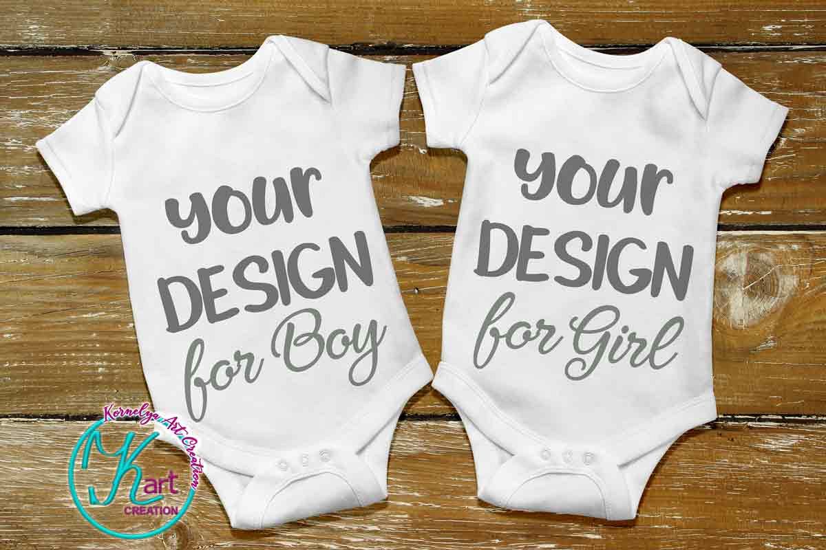 Blank White Baby Mockup, White Baby Bodysuit mock up, Baby Mock up - Flat, Top View, Wood Background, two white baby onesie mockups, JPEG example image