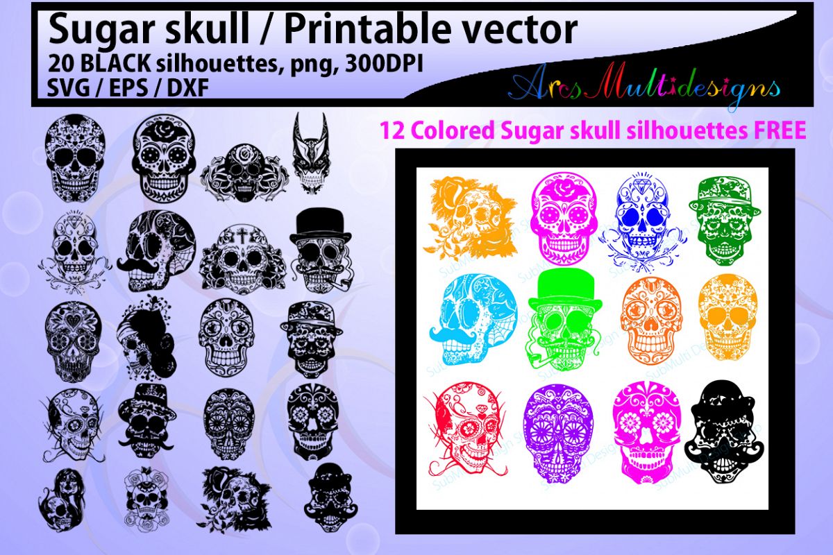 sugar skull silhouette / 20 sugar skull / sugar skull SVG / EPS /Dxf / vector skull / PNG /colored / Hq / colored skull / silhouette svg example image