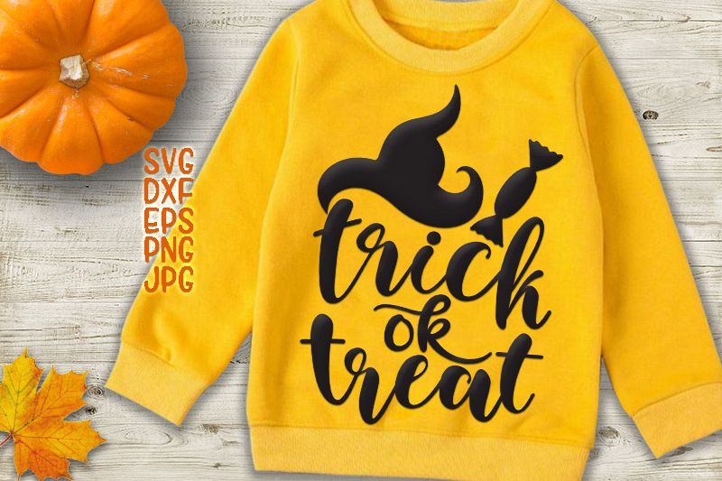 trick or treat svg, Halloween Svg files, Svg cut files, Spooky Svg, Fall svg, witch hat svg, Svg commercial use, Cute svg, Handlettered svg example image