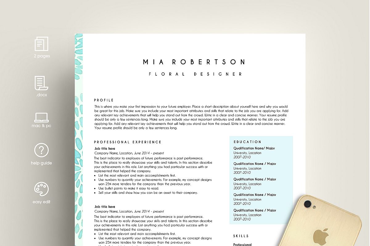 Creative Resume Template Word / Floral | Design Bundles