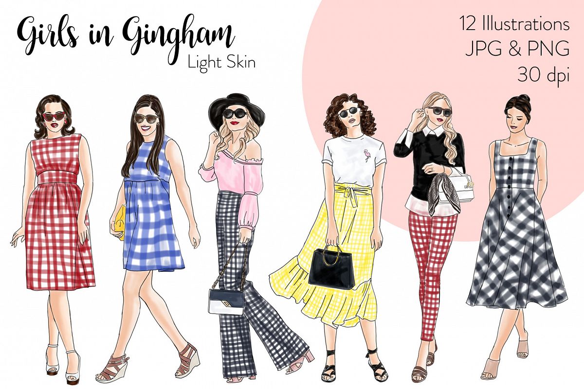 Fashion illustration clipart - Girls in Gingham - Light Skin example image